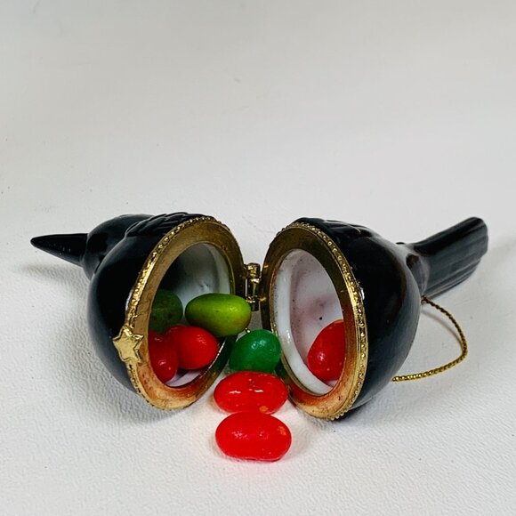 Black Crow Raven Porcelain Hinged Surprise Gift Trinket Box Christmas Ornament - Picture 2 of 9